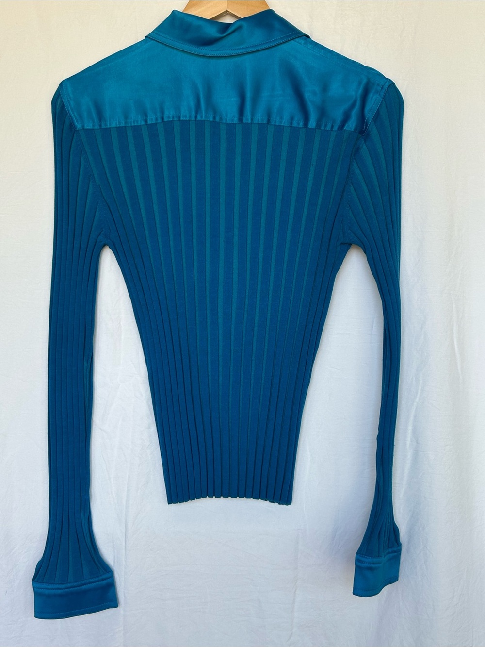 Vintage Caché Y2K Blue Silk-Blend Ribbed Zip-Up Collared Long Sleeve Top Size L - Picture 6 of 11